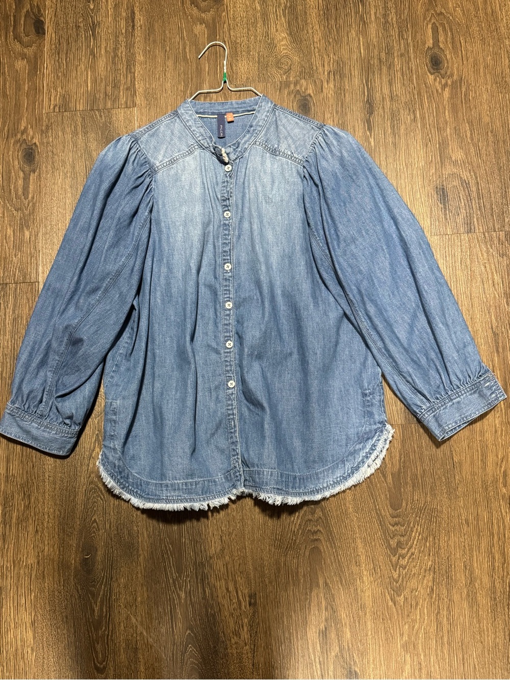 Pilcro Anthropologie Denim Chambray Button Down Short Frayed Hem Puff Sleeve XL